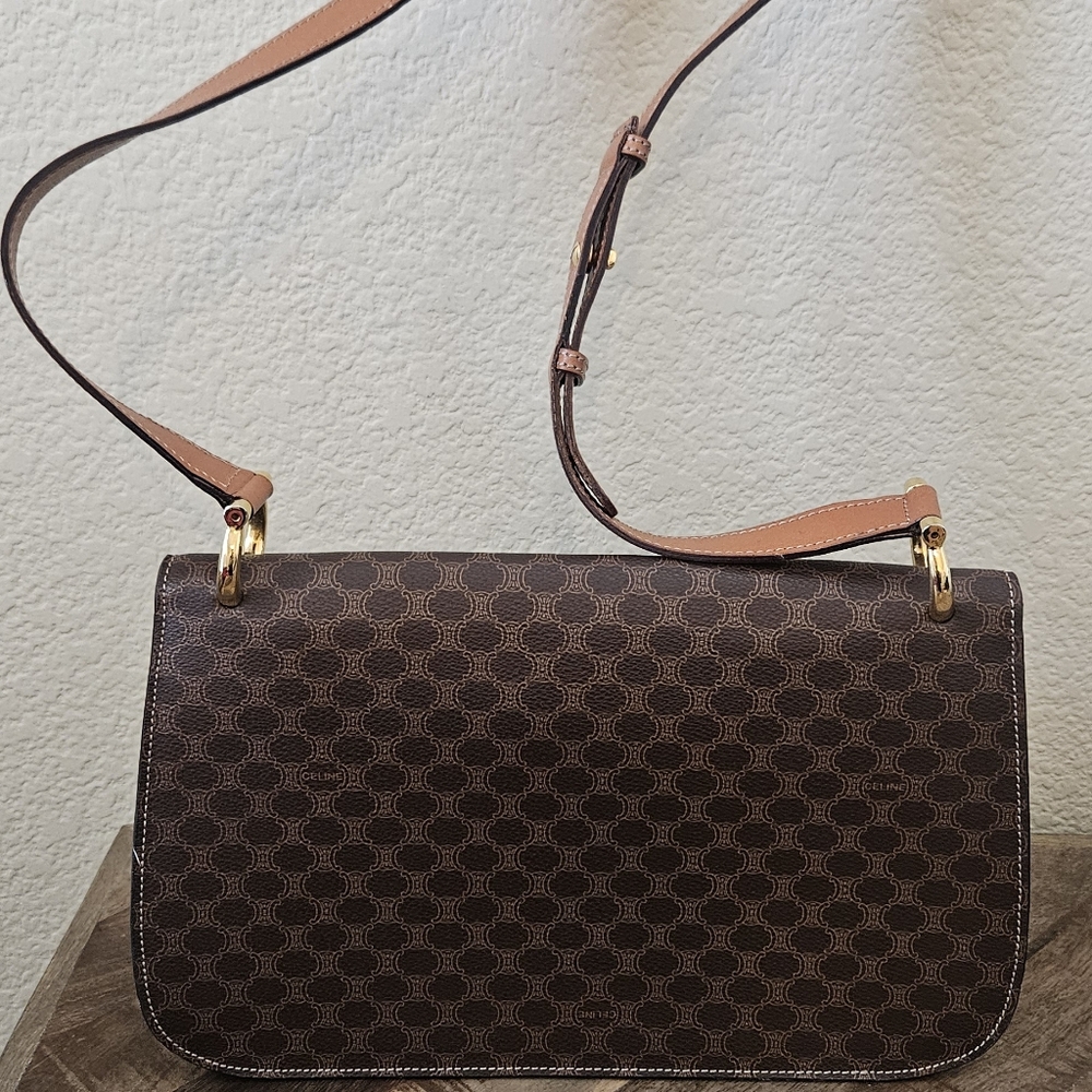 Celine Brown Monogram Shoulder Bag with Tan Leather Strap and Gold Hardware - Picture 13 of 17